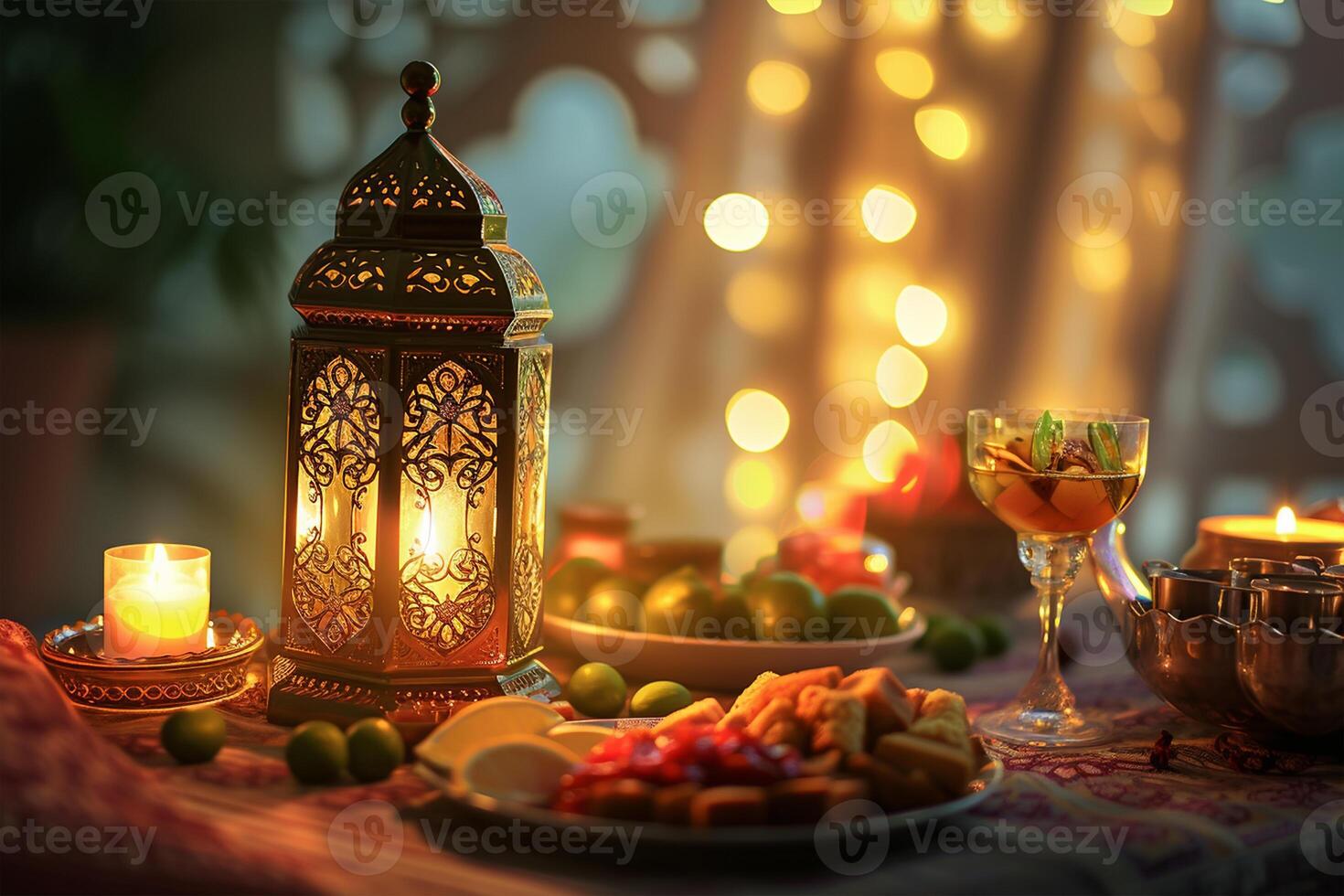 AI generated Muslim Ramadan Mubarak iftar table shows Ramadan foods and lantern light with holy month eid Mubarak concept background photo