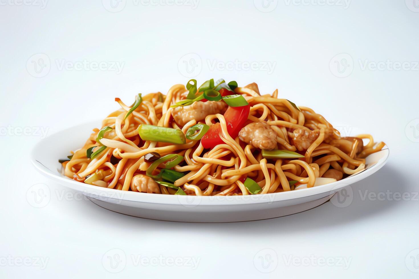 AI generated Yakisoba served on a plate isolated on a white background photo