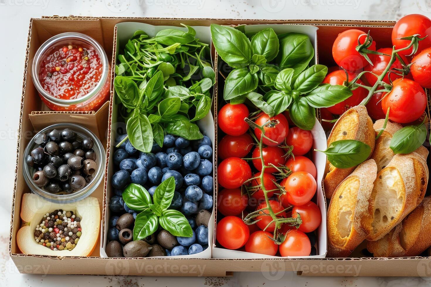 AI generated various food items in cardboard box advertising food photography photo
