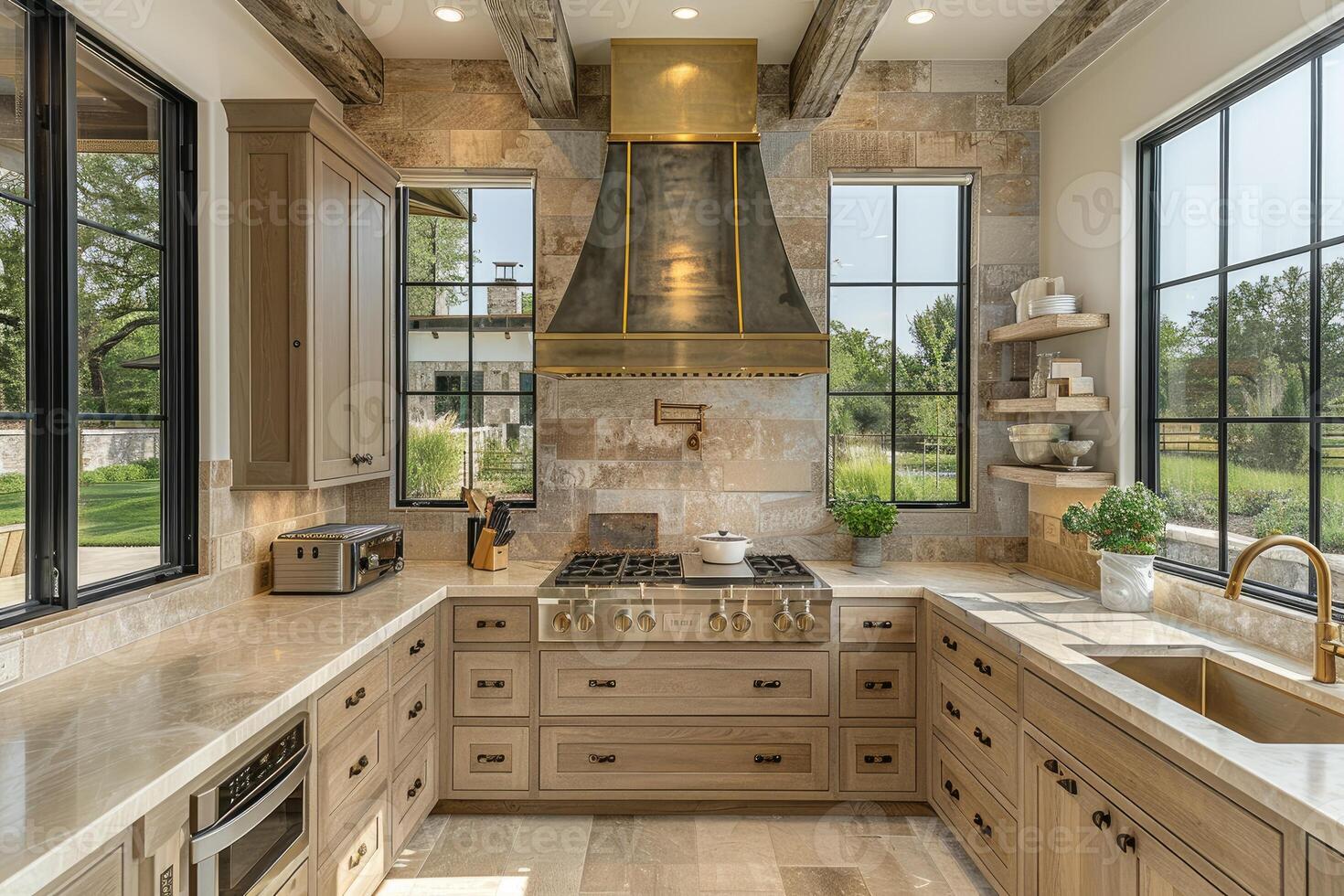 AI generated interior design of a modern farmhouse kitchen with wooden cabinets and floating shelves style photography photo