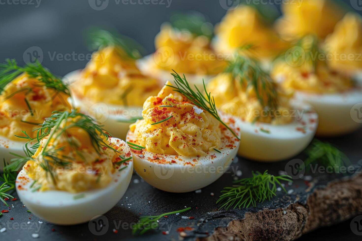 AI generated deviled egg in the kitchen table professional advertising food photography photo