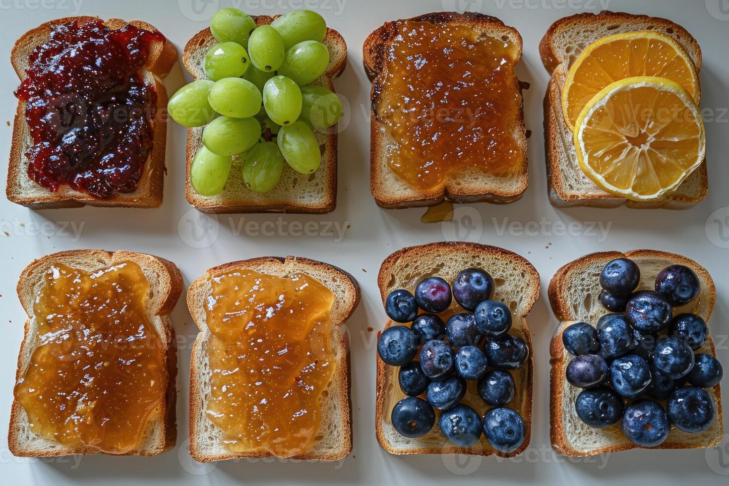 AI generated toasts with fruits jam on kitchen table professional advertising food photography photo
