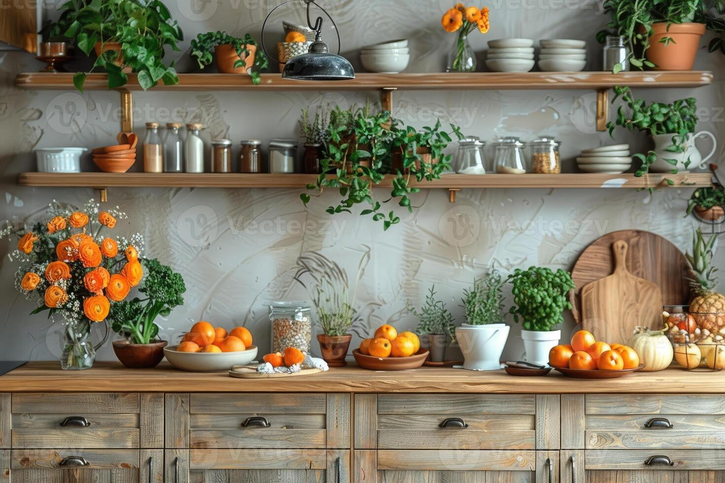 ai generado interior diseño de un moderno casa de Campo cocina con de madera armarios y flotante estantería estilo fotografía foto