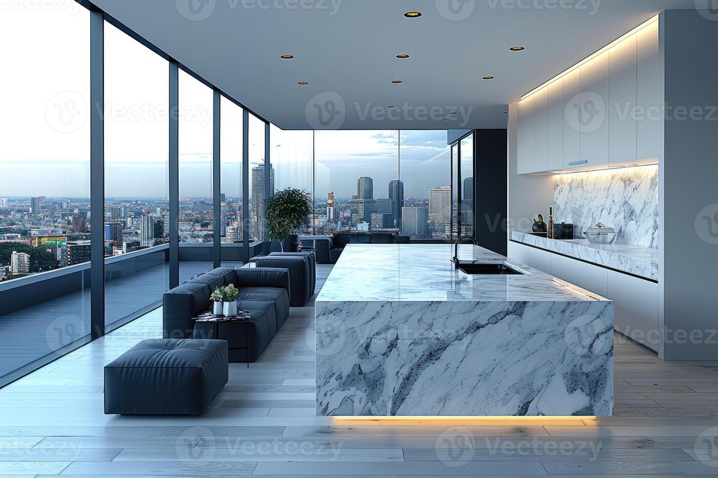 AI generated interior design of a modern kitchen with minimalistic scandinavian marble style photography photo
