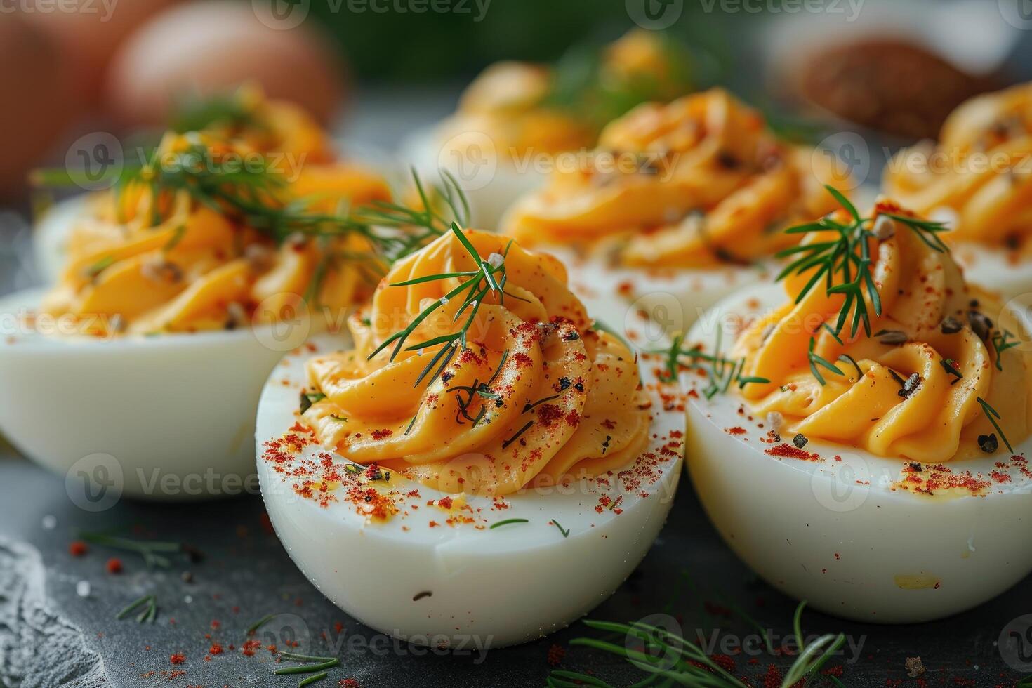 AI generated deviled egg in the kitchen table professional advertising food photography photo