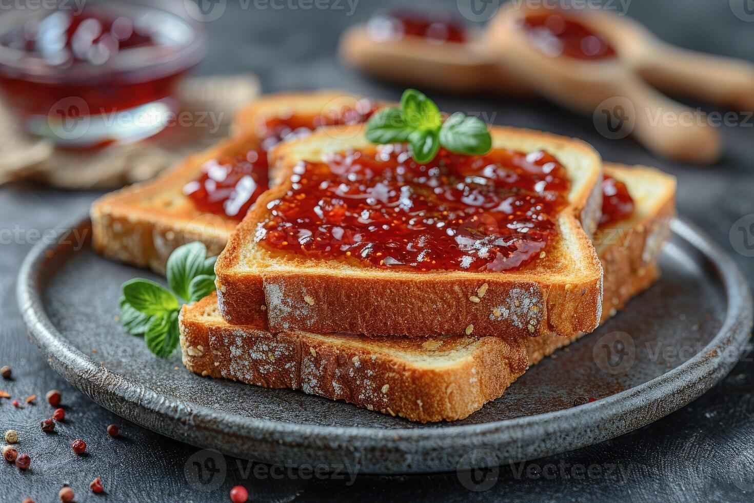 AI generated toasts with fruits jam on kitchen table professional advertising food photography photo