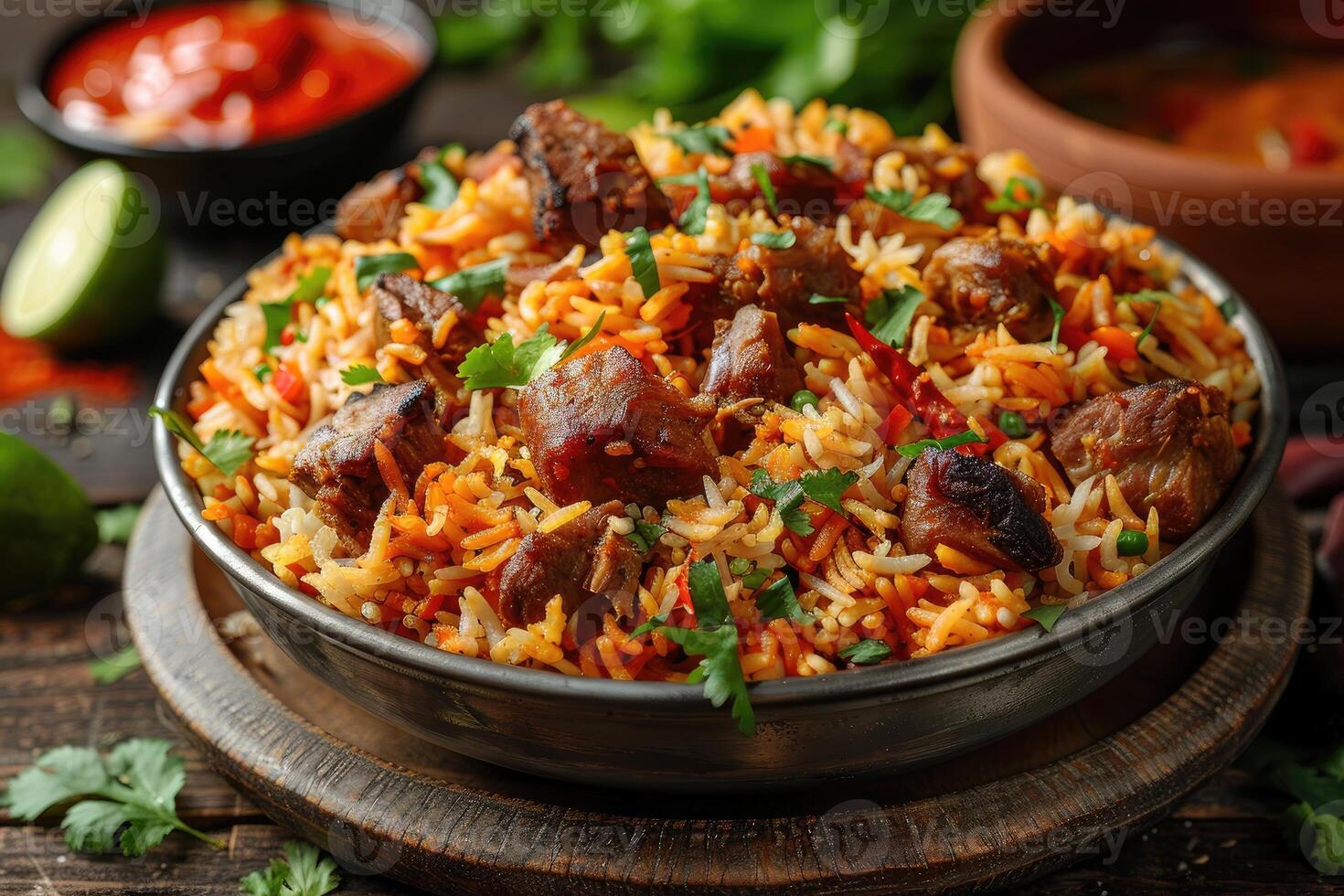 AI generated indian biryani rice professional advertising food photography photo