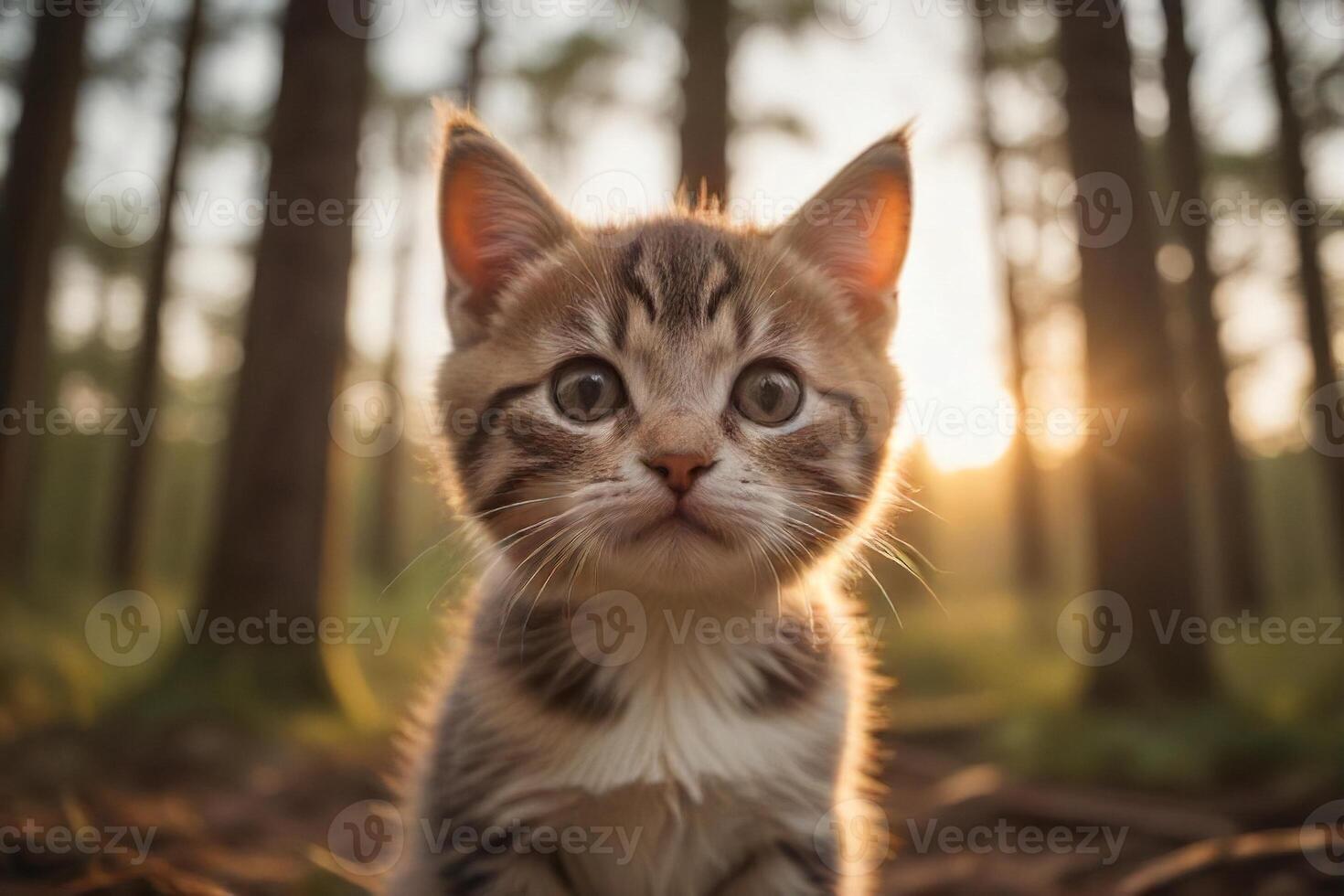 AI generated Cinematic Mood Golden Hour Sunset and Adorable Kitten Portrait Generated by AI photo