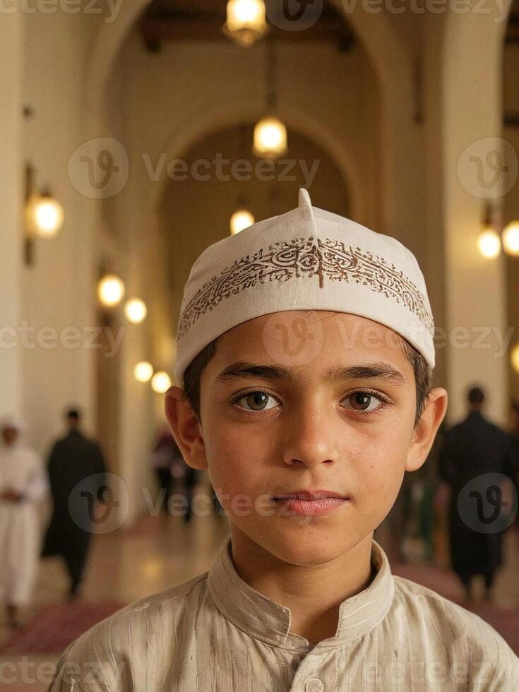 AI generated Capturing Joy Cinematic Portrait of a Happy Muslim Child Generated by AI photo