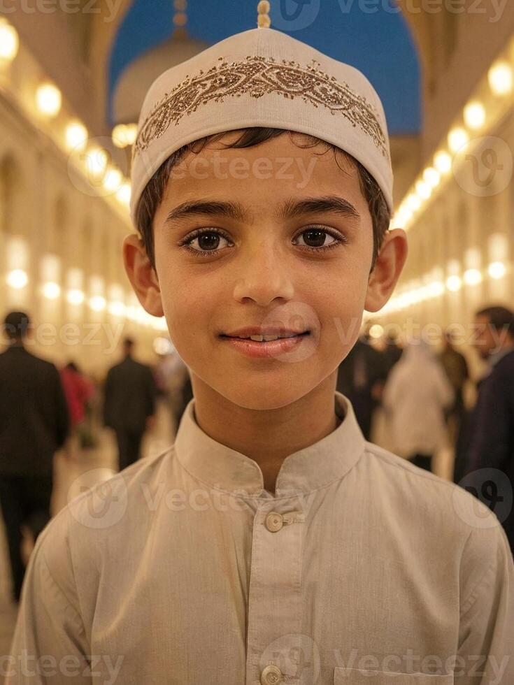 AI generated Capturing Joy Cinematic Portrait of a Happy Muslim Child Generated by AI photo