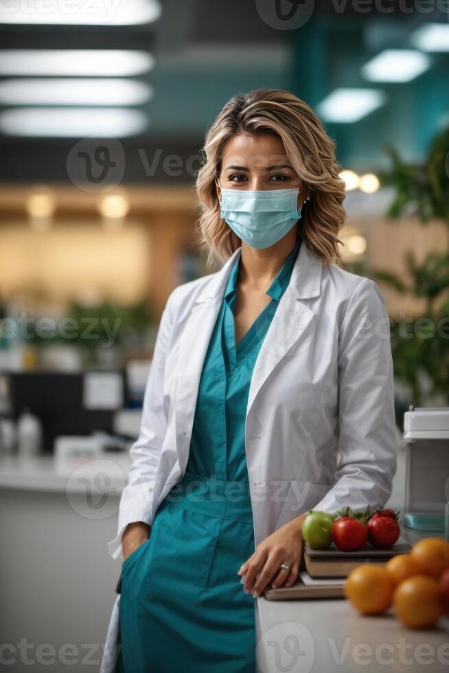 AI generated, Masked Female Physician, Vibrant UHD Scene photo