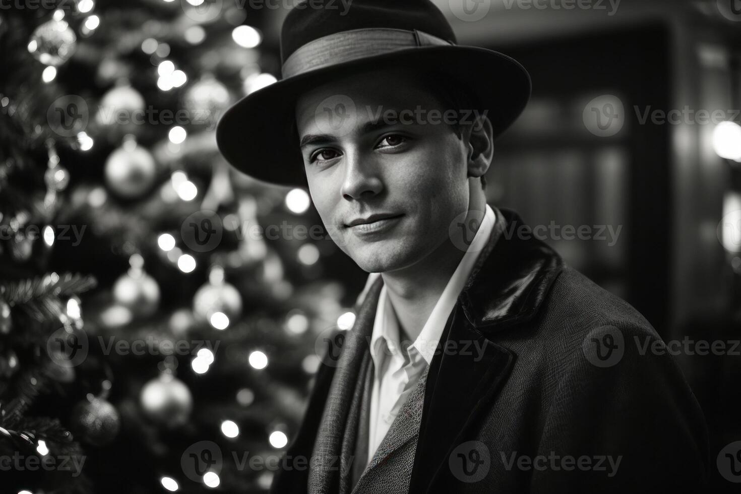 AI generated Retro Festivity 1920s Fashion Amidst a Christmas Tree photo