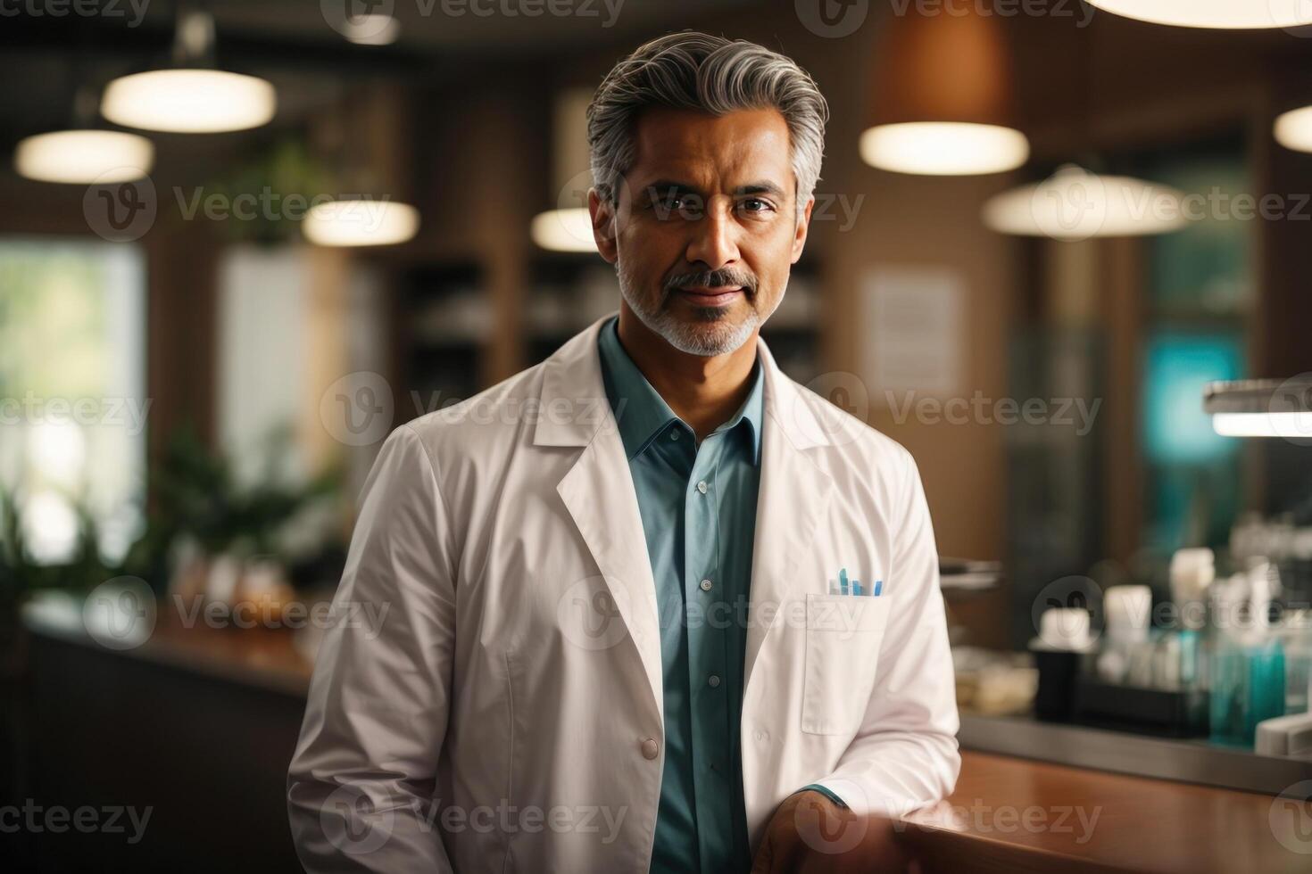 AI generated, Male physician standing at counter wearing a mask photo