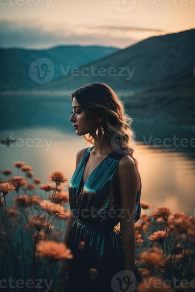 AI generated Dreamy Woman in Silhouette, Cosmic Floral Aura photo