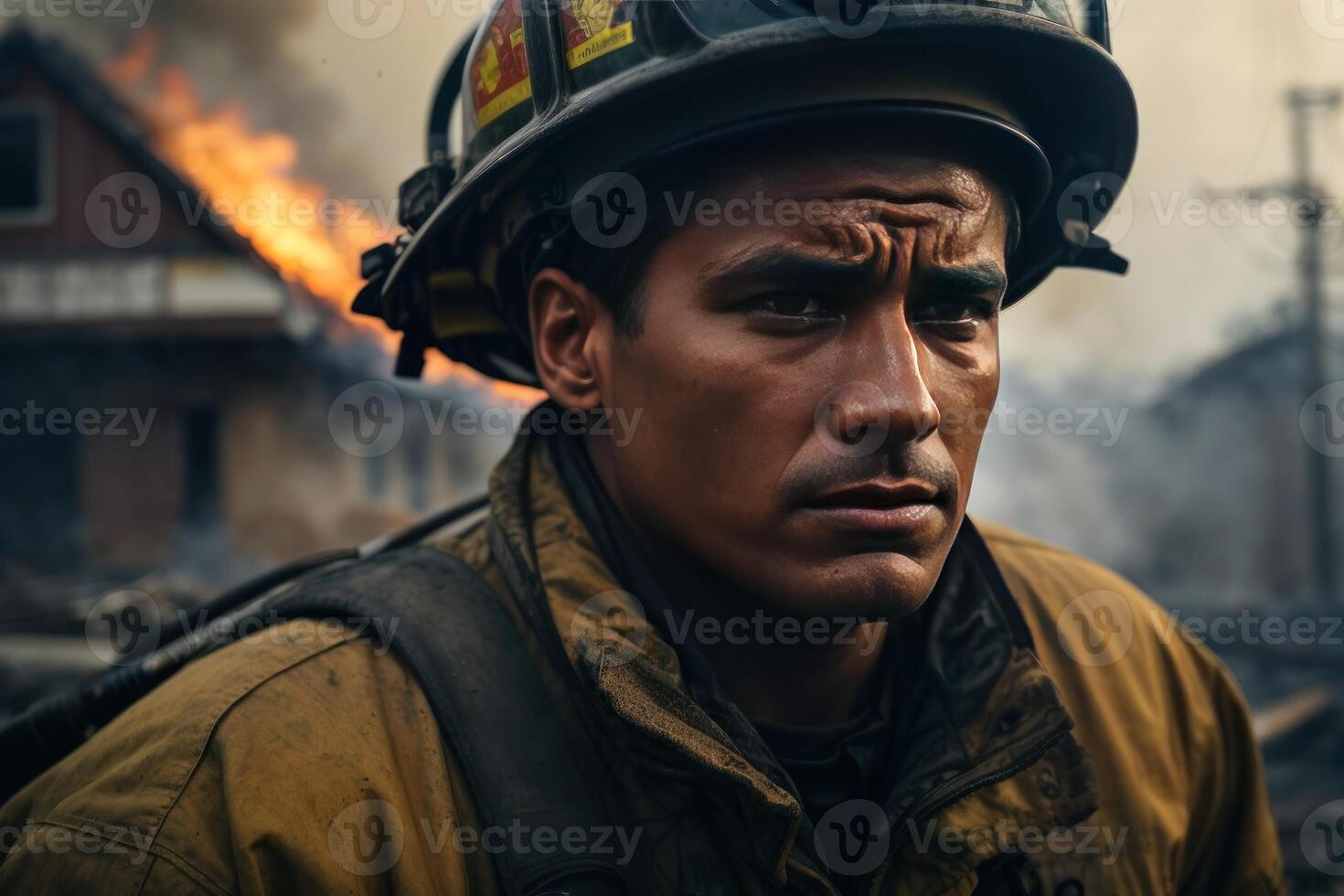 ai generado valor en medio de caos, un obsesionante retrato de un bombero dificil foto