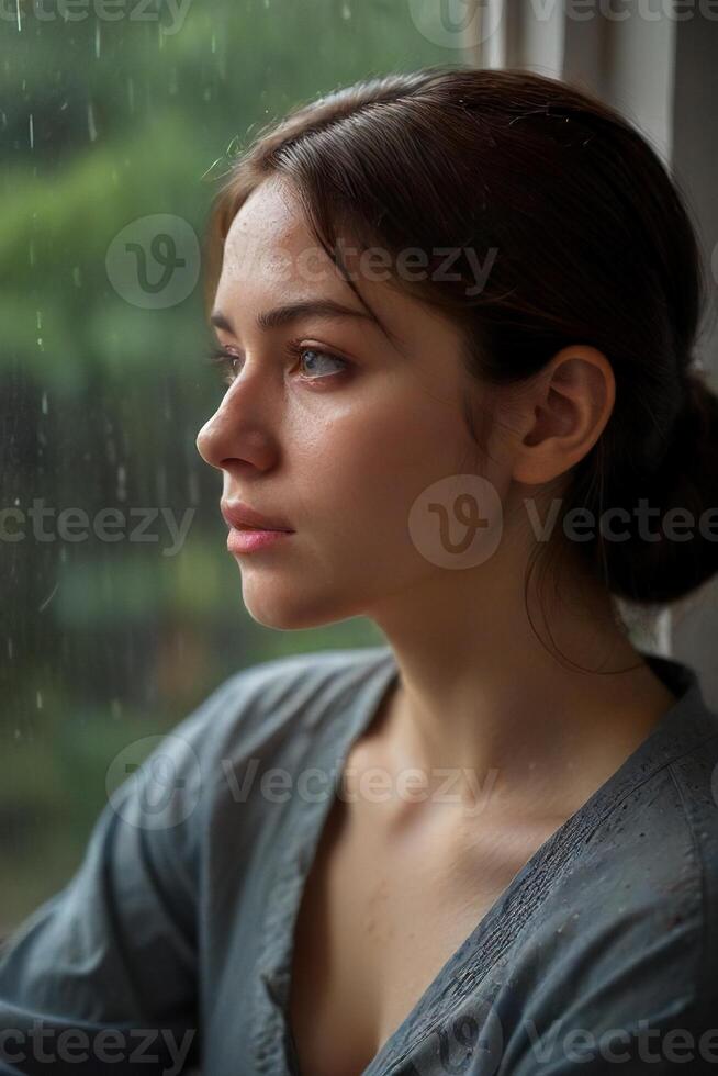 AI generated Somber Rainy Scene Expressive Portrait of Sad Woman by the Window photo