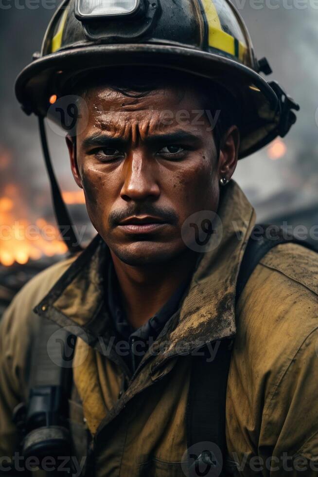 AI generated Courage Amidst Chaos, A Haunting Portrait of a Firefighter Struggle photo