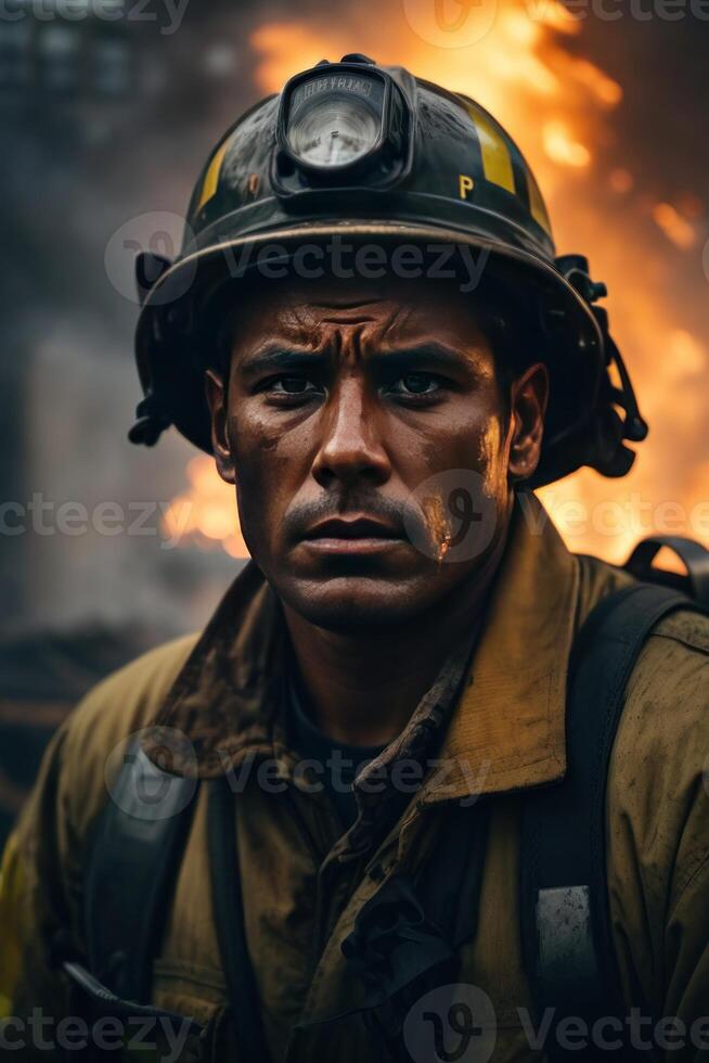 ai generado valor en medio de caos, un obsesionante retrato de un bombero dificil foto