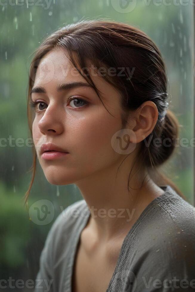 ai generado sombrío lluvioso escena expresivo retrato de triste mujer por el ventana foto