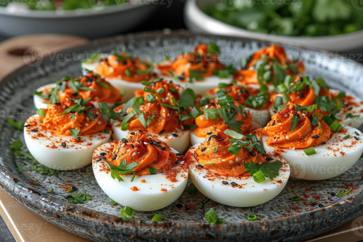 AI generated deviled egg in the kitchen table professional advertising food photography photo