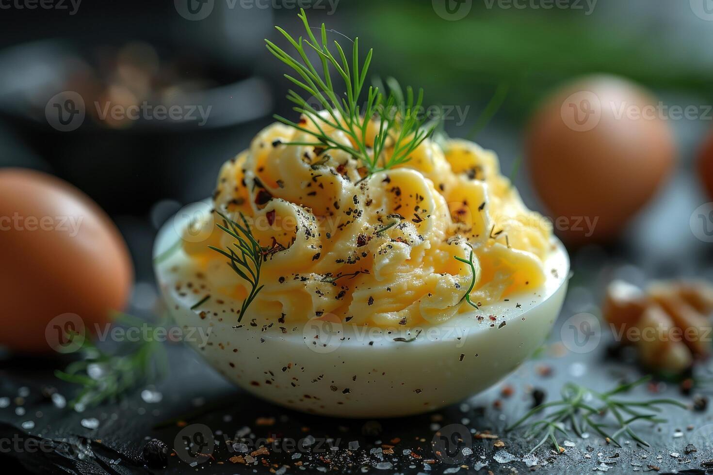 AI generated deviled egg in the kitchen table professional advertising food photography photo