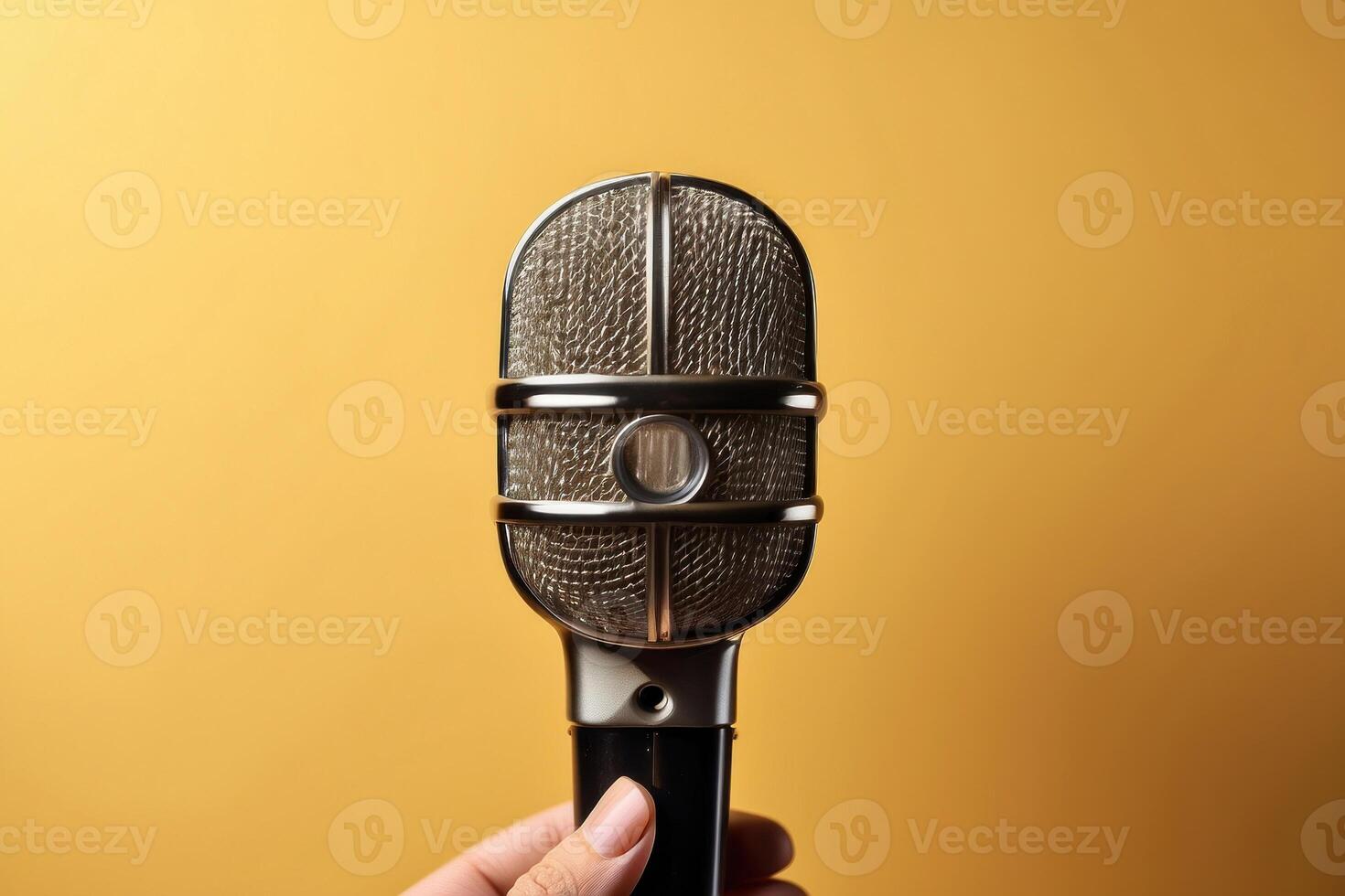 AI generated Vintage Microphone in Close Up, Bright Yellow Background photo