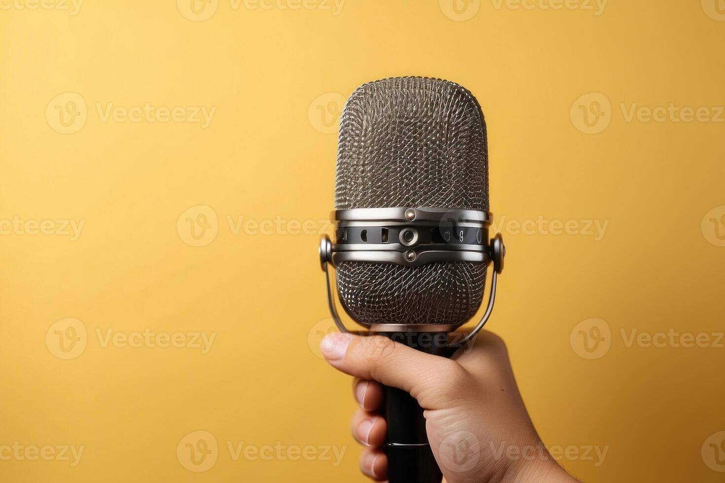 AI generated Vintage Microphone in Close Up, Bright Yellow Background photo