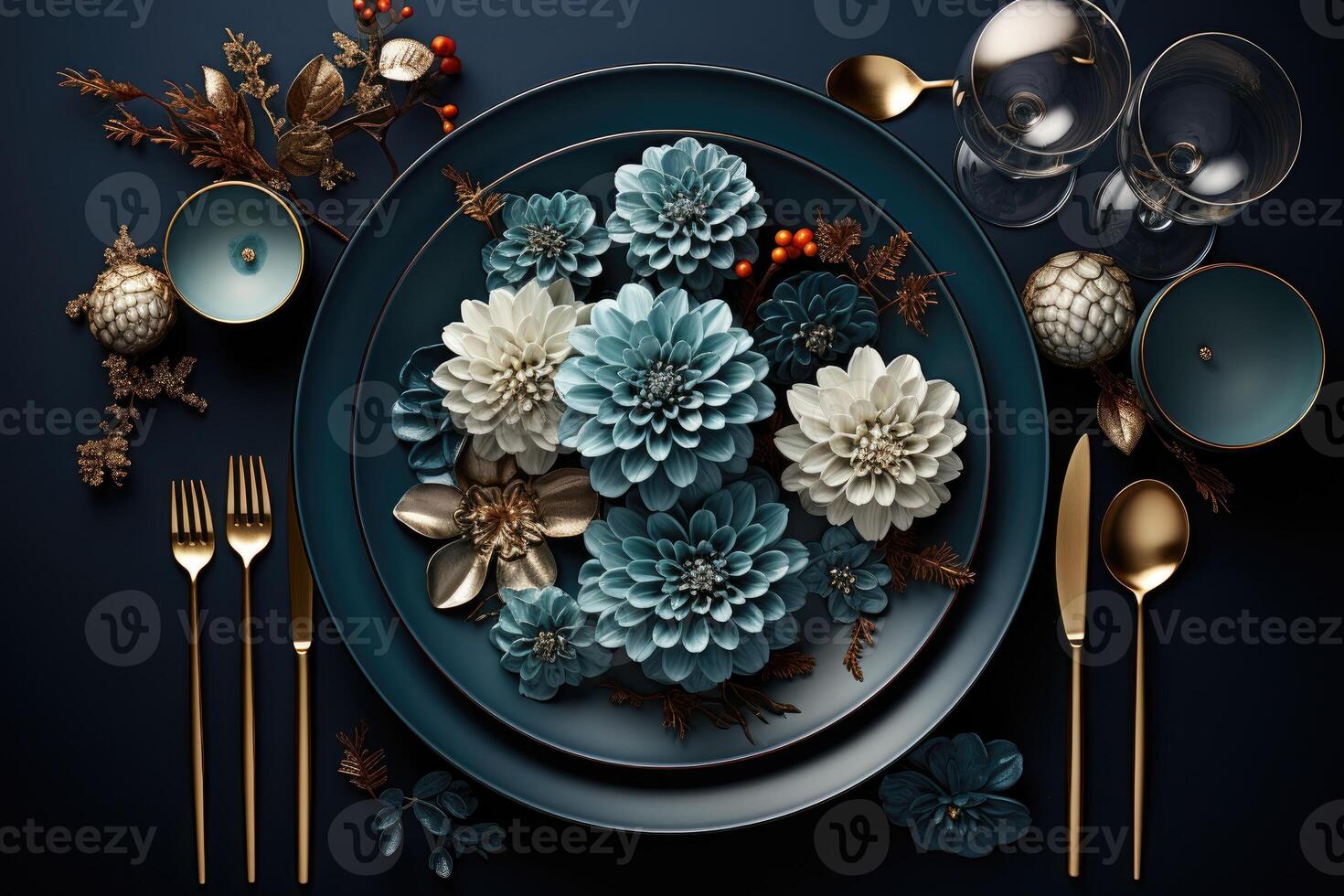 AI generated modern elegant event table and cutlery setting in a minimalist style advertising food photography photo