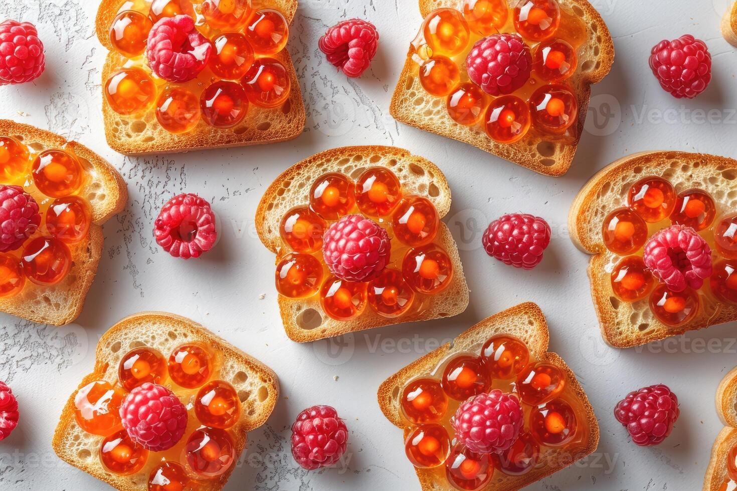 AI generated toasts with fruits jam on kitchen table professional advertising food photography photo