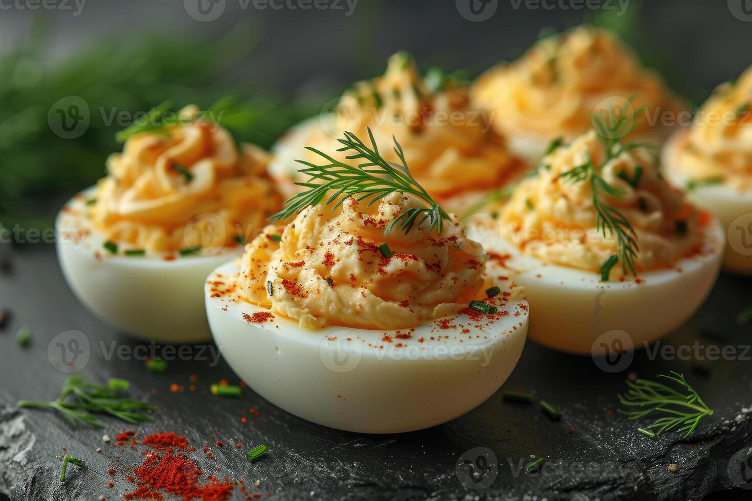 AI generated deviled egg in the kitchen table professional advertising food photography photo