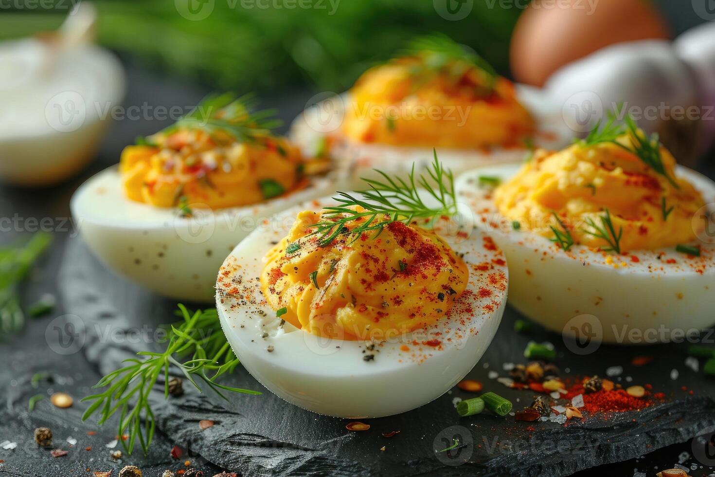 AI generated deviled egg in the kitchen table professional advertising food photography photo
