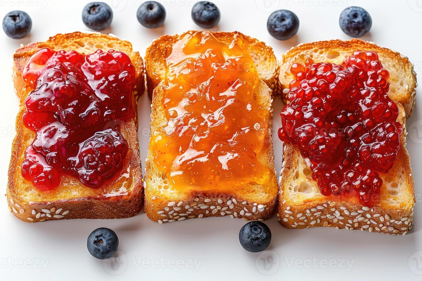 AI generated toasts with fruits jam on kitchen table professional advertising food photography photo