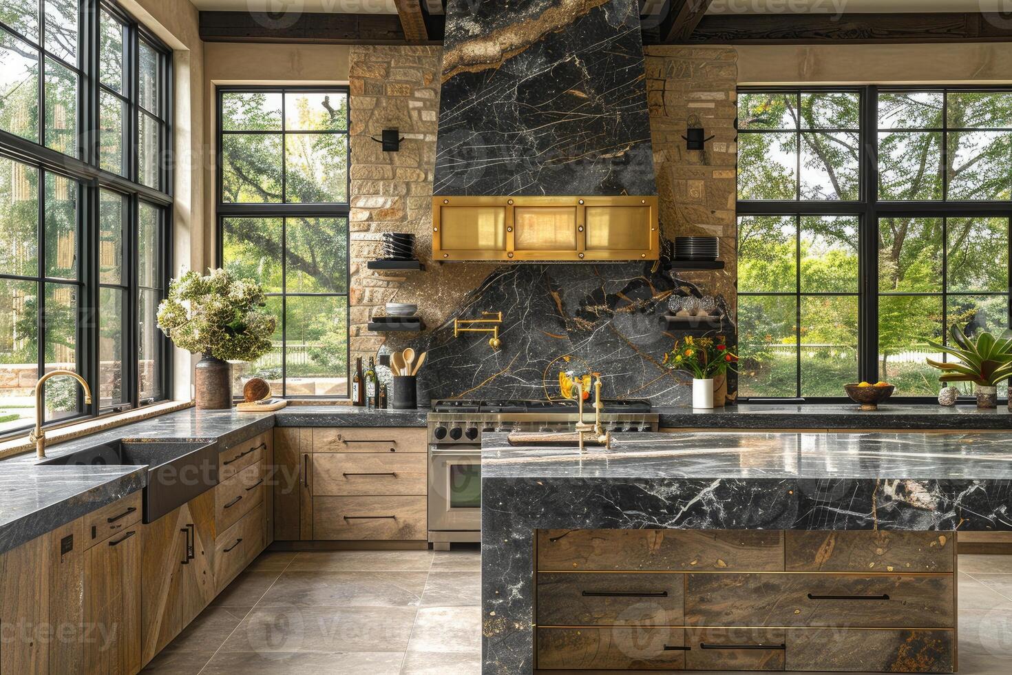 ai generado interior diseño de un moderno casa de Campo cocina con de madera armarios y flotante estantería estilo fotografía foto