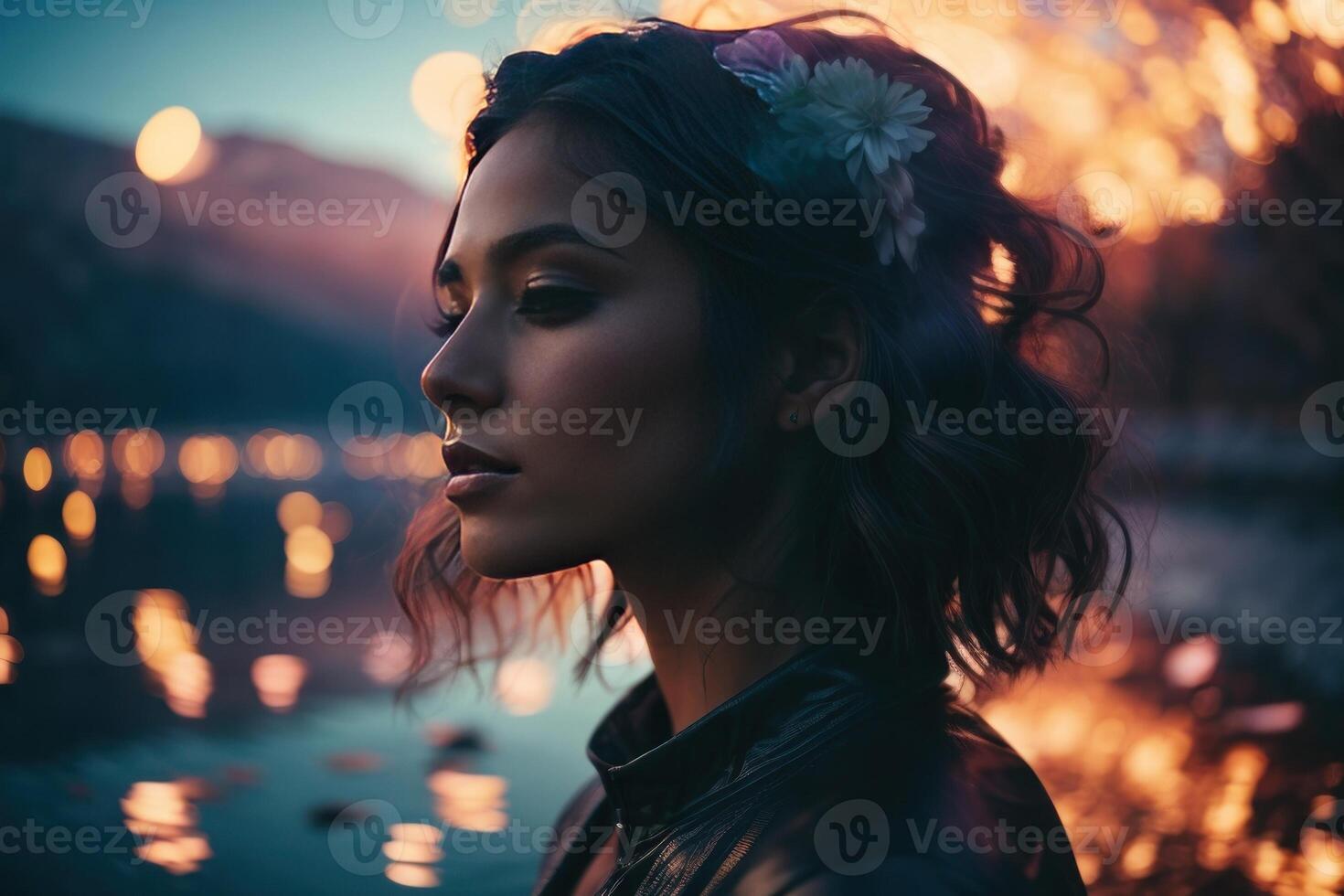 AI generated Dreamy Woman in Silhouette, Cosmic Floral Aura photo