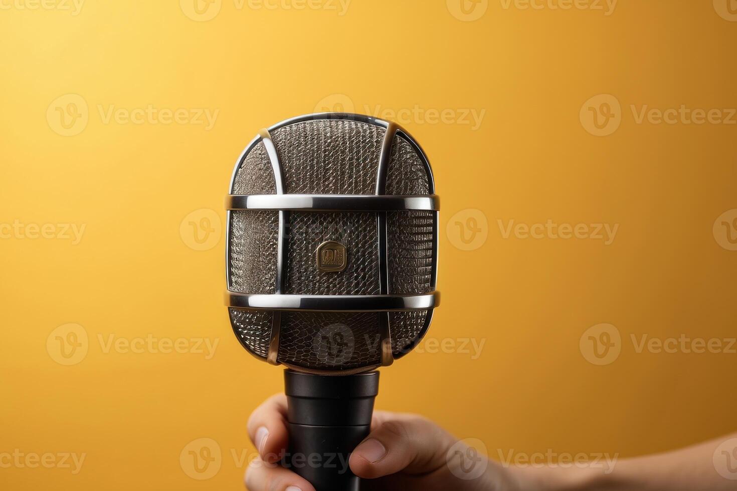 AI generated Vintage Microphone in Close Up, Bright Yellow Background photo