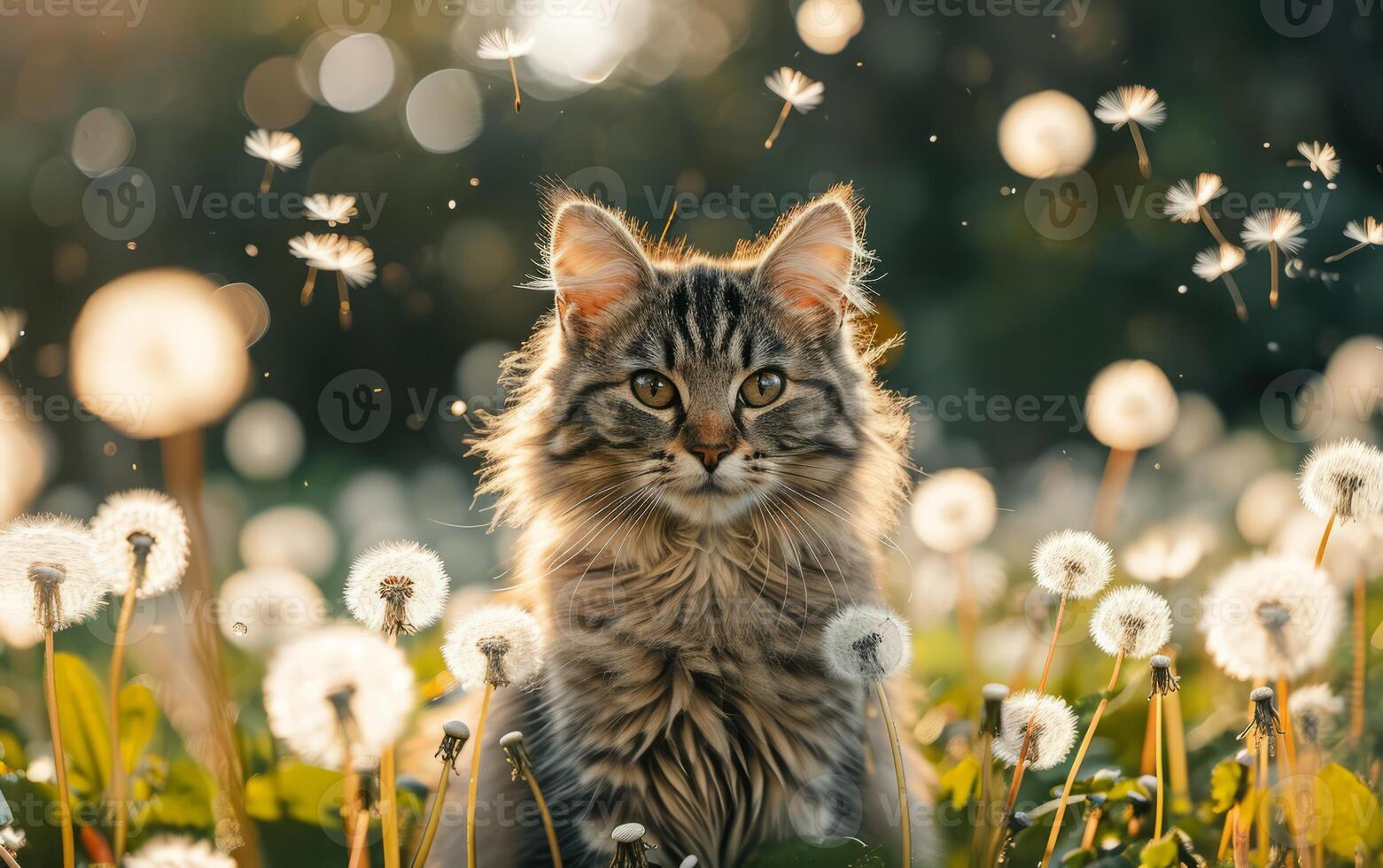 AI generated Cat in a field with dandelions photo