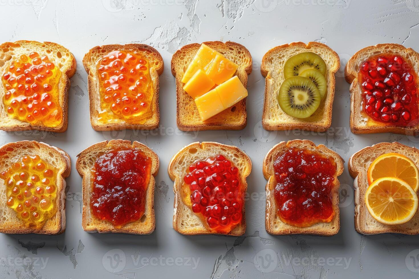 AI generated toasts with fruits jam on kitchen table professional advertising food photography photo