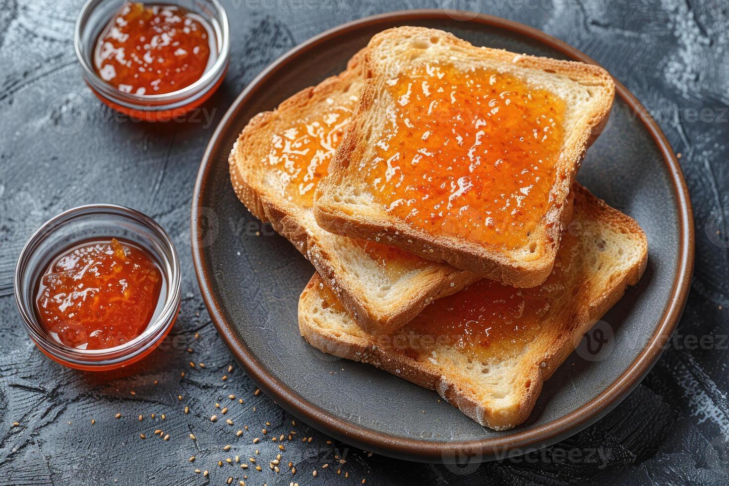 AI generated toasts with fruits jam on kitchen table professional advertising food photography photo