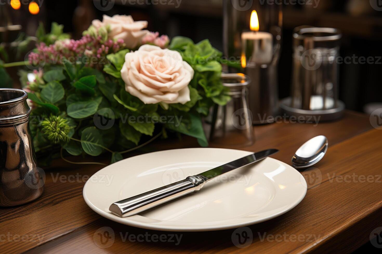 ai generado cuchillería ajuste en un restaurante mesa publicidad comida fotografía foto