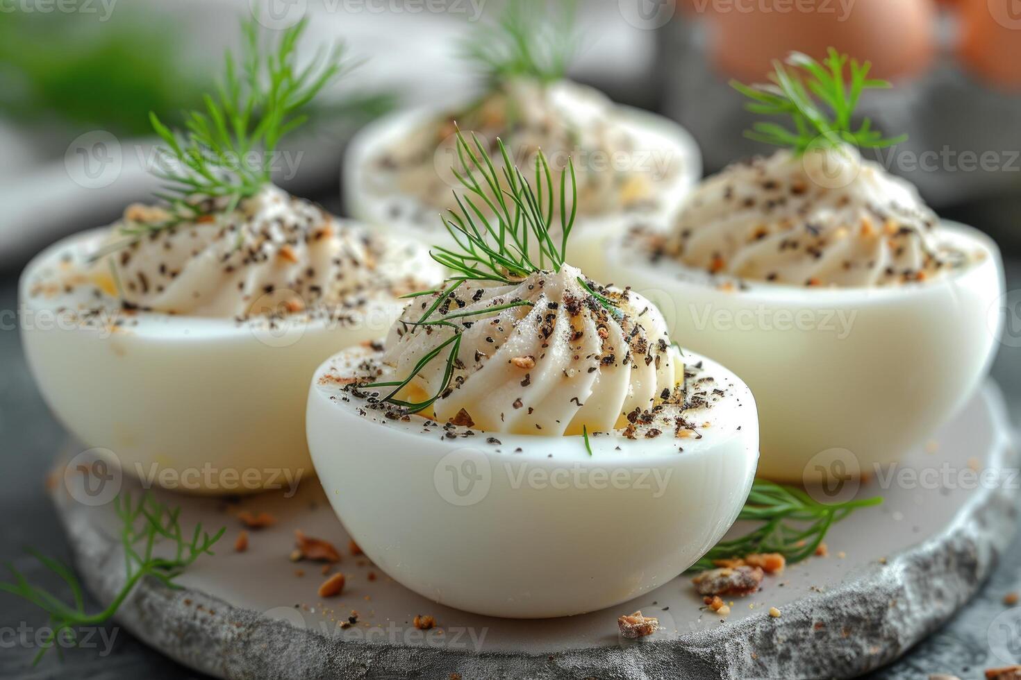 AI generated deviled egg in the kitchen table professional advertising food photography photo