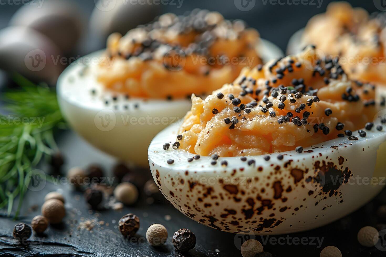 AI generated deviled egg in the kitchen table professional advertising food photography photo