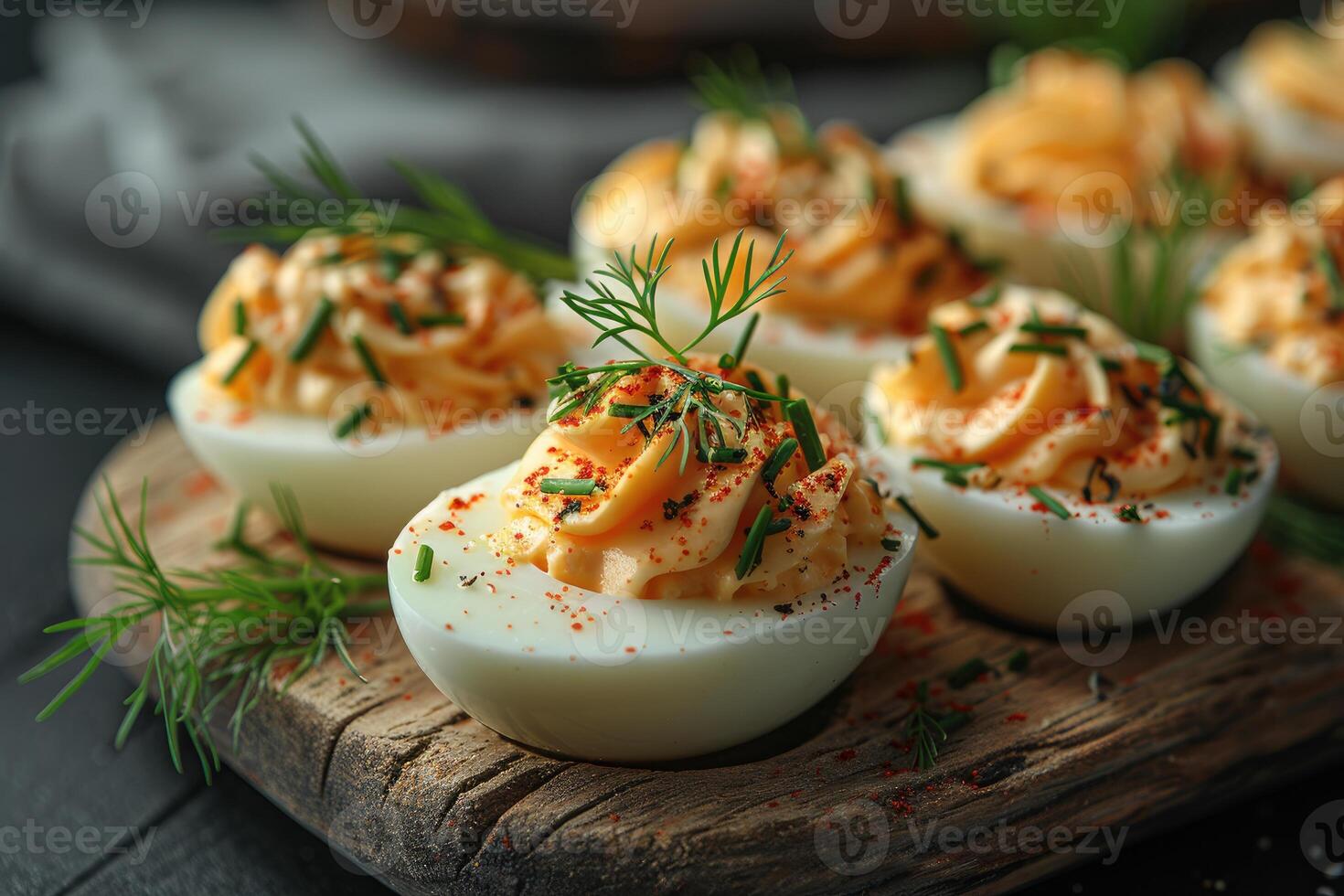 AI generated deviled egg in the kitchen table professional advertising food photography photo