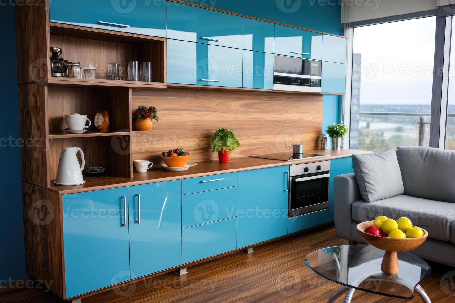 AI generated a beautiful small modern apartment kitchen professional advertising photography photo