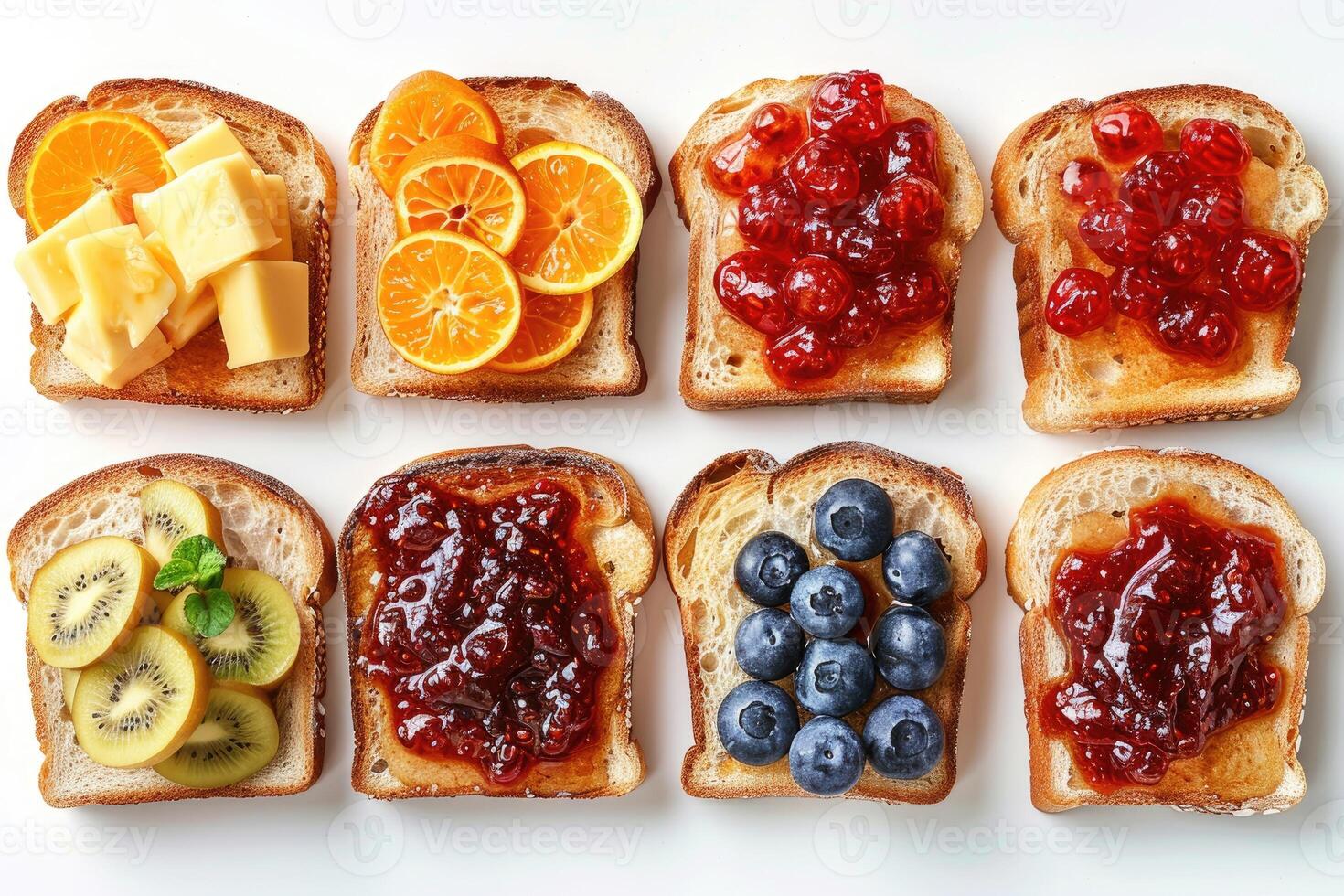 AI generated toasts with fruits jam on kitchen table professional advertising food photography photo