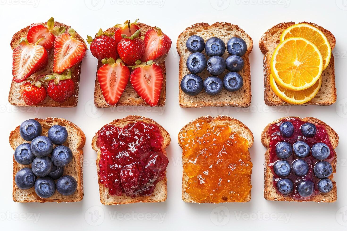 AI generated toasts with fruits jam on kitchen table professional advertising food photography photo