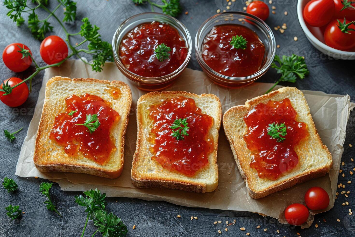 AI generated toasts with fruits jam on kitchen table professional advertising food photography photo