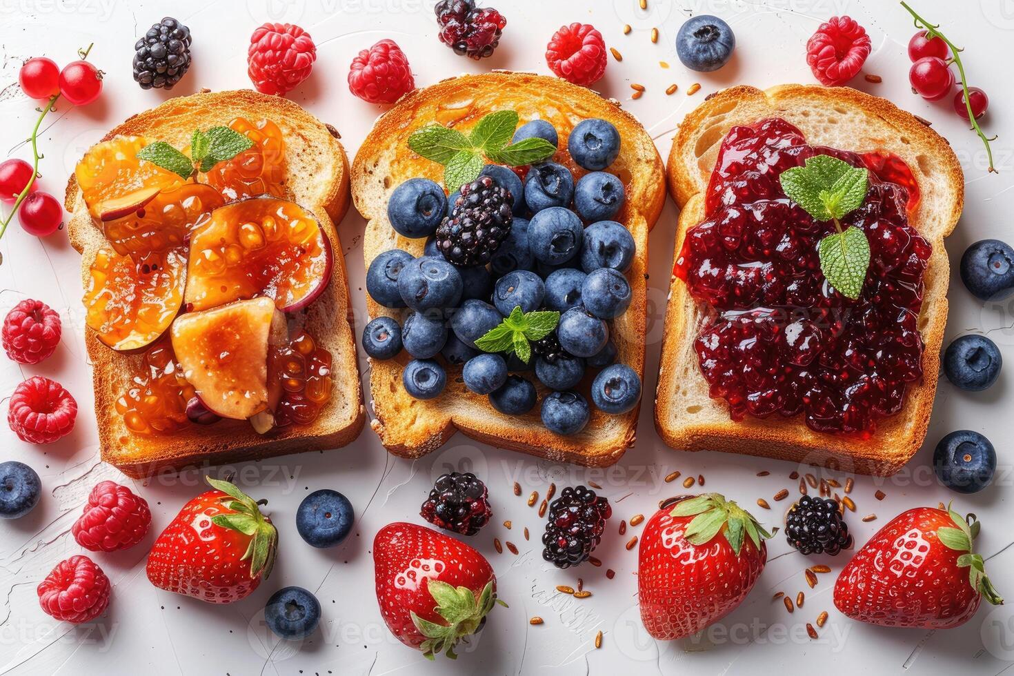 AI generated toasts with fruits jam on kitchen table professional advertising food photography photo