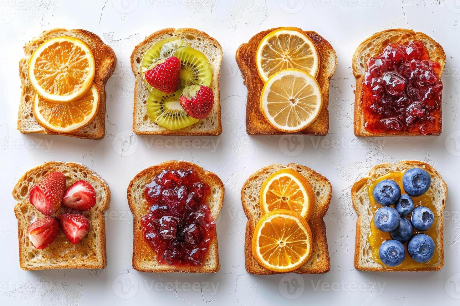 AI generated toasts with fruits jam on kitchen table professional advertising food photography photo