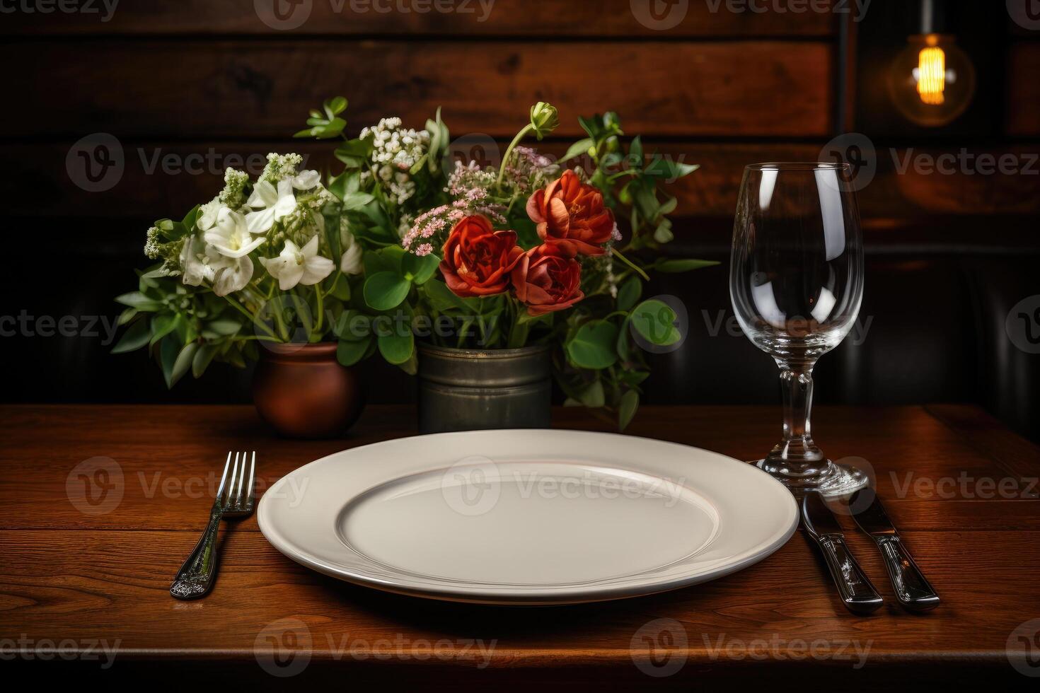 ai generado cuchillería ajuste en un restaurante mesa publicidad comida fotografía foto