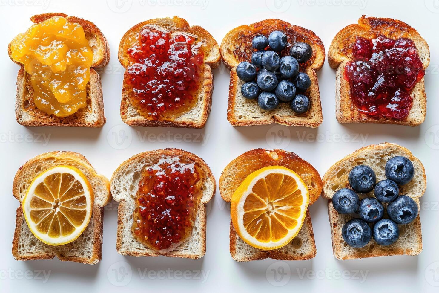 AI generated toasts with fruits jam on kitchen table professional advertising food photography photo